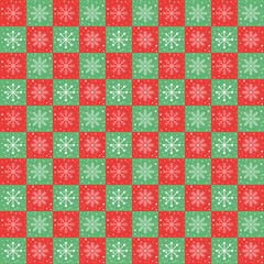 Wall Mural - Christmas seamless pattern.Colorful X'mas repeat pattern with white snowflakes and polka dots in red and green checker board.Winter background vector wallpaper for paper and prints.
