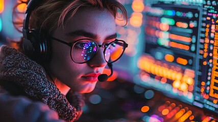 Attractive young coder with headphones glasses working intensely on colorful screen with data code lines for software development technology cybersecurity modern digital lifestyle innovation concept