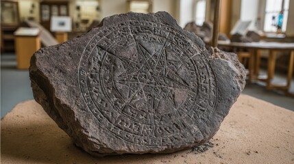 Ancient stone artifact with intricate carvings and star pattern design