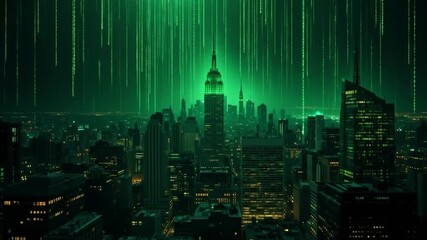 The Matrix-Inspired Cityscape with Falling Binary Code in Dark Green Color Grading