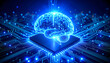 © SMK - Illuminated Blue Brain Shape Centered Above Processor Chip With Circuitry Lines Technology Concept