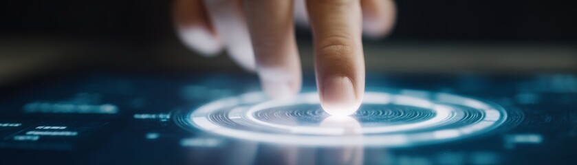 A person s index finger presses a glowing digital button on the sleek touchscreen of a modern tablet illustrating user interface navigation and digital interaction.