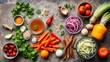 © Dopa-ZA - Top-down arrangement of vibrant Asian food ingredients on a rustic stone surface, showcasing Vietnamese and Thai cuisine.