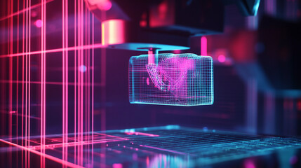 Futuristic laser scanner in use with beams of light sweeping over object scanning shape and converting into 3D digital model