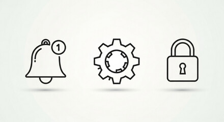 Notification bell, gear and lock icons for app or web design