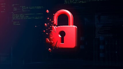 Glowing Red Padlock Cracking into Glitch Fragments on Dark Screen with Distorted Error Text and Code, Cybersecurity Threat Alert, Zoom In