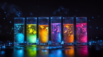 Wall Mural - A vibrant display of six colorful glasses filled with bubbly beverages. Each glass showcases a unique hue that shines against a dark background. Generative AI