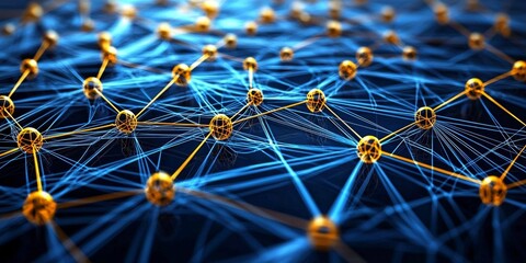 Illuminated nodes representing blockchain systems and data sharing. 