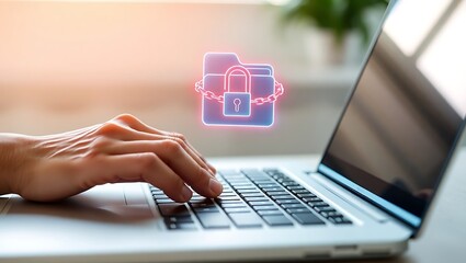 Protecting Digital Data A Closeup of a Person Using a Laptop with a Secured File Icon for Cybersecurity and Privacy.