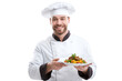 © waruna - Smiling male chef in uniform presenting a delicious dish, isolated on white.