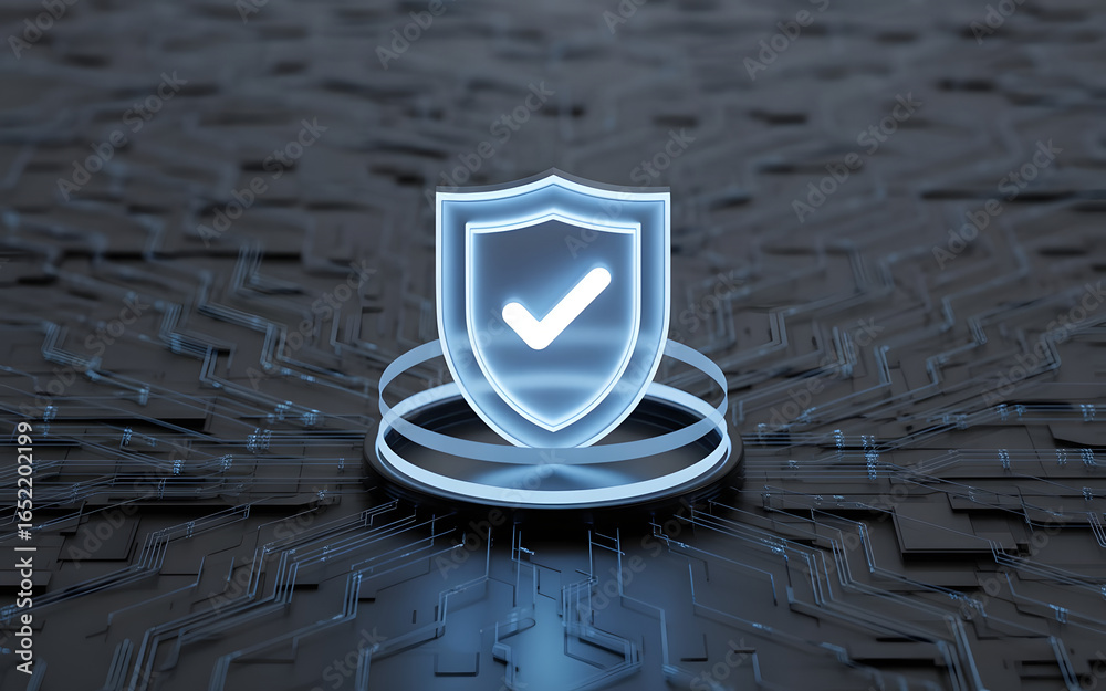 Glowing shield with a check mark on a digital circuit background ...