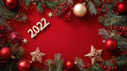 Wall Mural - merry christmas red background decorated with happy 2022 new year tree branches and baubles stars wi