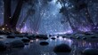 © 沈军 贡 - A serene nighttime forest stream illuminated by glowing fireflies, with reflective water and surrounding trees creating a magical atmosphere.