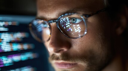 focused developer coder wears glasses working on computer looking at programming code data cyber security digital tech reflecting in spectacles developing software program focus on eye close up view 