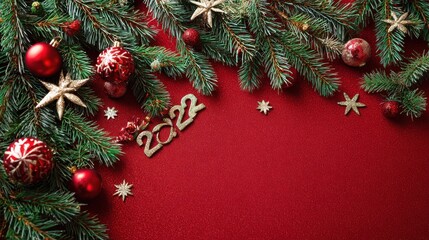 Wall Mural - merry christmas red background decorated with happy 2022 new year tree branches and baubles stars wi