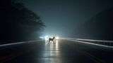 A deer stands alone on an illuminated highway at night, surrounded by misty mountain darkness and road reflections.