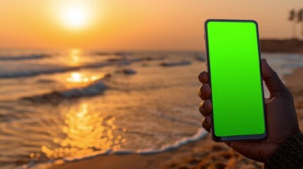 Smartphone mockup with green screen at sunset beach, man holding mobile device for travel app promotion, summer vacation lifestyle, digital technology and marketing background template