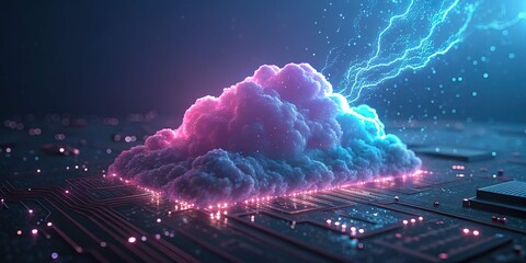 Futuristic cloud computing concept with lightning, neon circuit board and cloud data