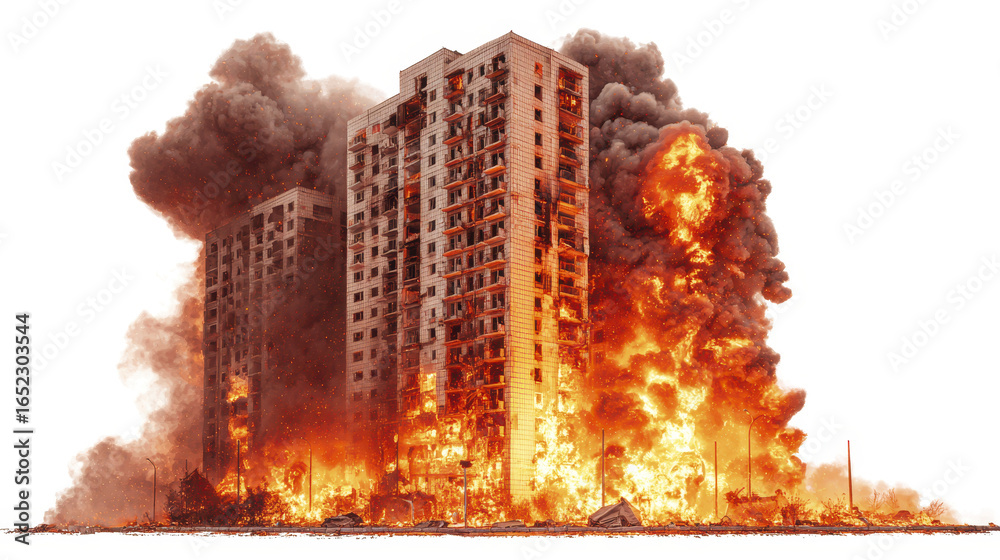 Illustration Stock Apartment building engulfed in massive fire with ...