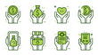 © Anas - Eight icons of hands holding money bag heart shop document coin on a white background in green color