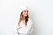 © luismolinero - Young caucasian chef woman isolated on white background with arms crossed and happy