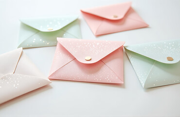 Wall Mural - soft focus wide shot delicate glitter envelopes scattered crisp white background soft natural light accentuating