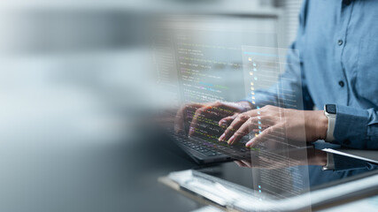 Software development business concept. Programmer coding computer. Developer programming web application technology. Software engineer. web developer.