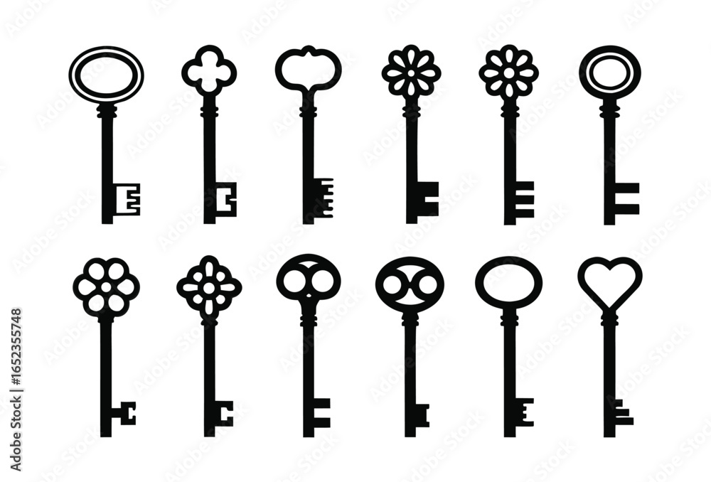 Collection of vintage and antique key silhouettes in various ornate ...