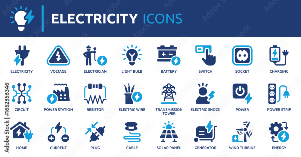 Electricity icon set. Containing energy, power, voltage, current, plug ...