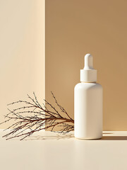 Wall Mural - white cosmetic dropper bottle rests beside tumble weathered dried branches warm beige background soft natural light