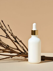 Wall Mural - white cosmetic dropper bottle rests beside tumble weathered dried branches warm beige background soft natural light
