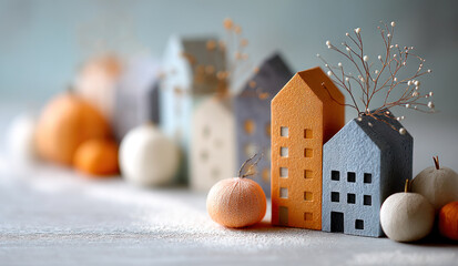 Illustration tiny Halloween village miniature, bright tones color palette, minimal, perfect for website banners and seasonal ads, Halloween Festival Celebration