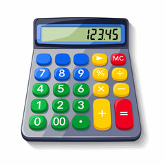 A digital calculator with a green display showing numbers and colorful buttons for arithmetic operations.