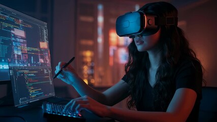 Woman programmer wearing virtual reality headset working with computer code, developing metaverse, and interacting with futuristic technology footage.