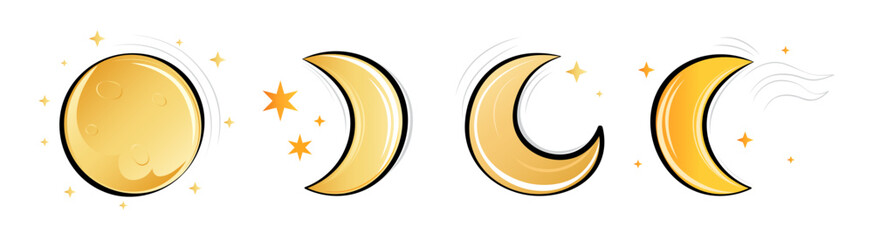 Wall Mural - Moon phase vector set, Moon icons, Full moon, Crescent moons, Sparkling stars. Ideal for celestial, Magical or cosmic-themed projects.
