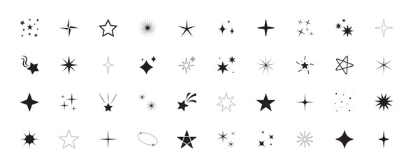 Wall Mural - Set of different star shapes with sparkles, Collection of diverse star icons, Sign and symbol, Design elements. Vector illustration