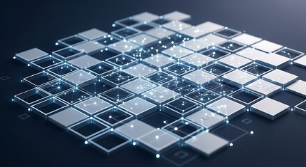 Abstract digital grid with glowing blue connections and particles on a dark background, representing technology and data