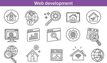Web development set of web icons in line style. Developer icons for web and mobile app. Code, api, programmer coding, app, flow, node connect, web coder, bug fix and more. Vector illustratio