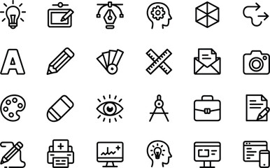 Creative design icon set, flat vector illustration, graphic design tools, web development symbols, user interface elements, modern business icons