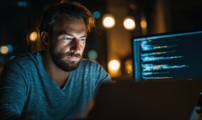 Focused young man coding at night in a dimly lit workspace