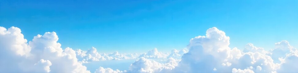 Wall Mural - Vast expanse of clear blue sky, fluffy white clouds drift lazily across the horizon, creating a serene and peaceful atmosphere Perfect for travel, nature, or tranquility themes , space, summer