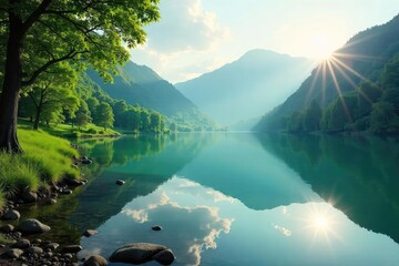 Wall Mural - A tranquil scene of a serene lake reflecting a lush green landscape, sunlight dappling the water's surface Perfect for nature, serenity, and environmental themes , meadow, horizon, fresh