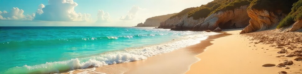 Wall Mural - Sun-kissed sand, turquoise waves gently lapping the shore, a secluded cove bathed in golden light The ultimate escape, promising tranquility and blissful relaxation , tropical, shells
