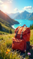 Wall Mural - A joyful backpack rests against a vibrant landscape, suggesting carefree adventure and wanderlust Sun-drenched scenery evokes feelings of freedom and happiness , exploration, holiday