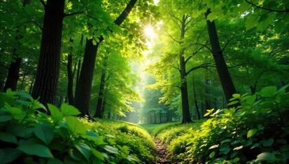Wall Mural - Lush green forest canopy, dappled sunlight filtering through leaves, vibrant foliage, tranquil nature scene, perfect for environmental themes , flora, texture, greenery