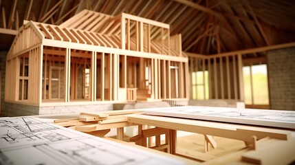 A clean, high-definition shot of a wooden house frame precisely positioned over a detailed architectural layout, with the subtle texture of rolled plans in the background.