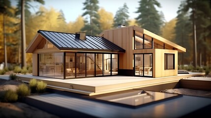 A clean, high-definition shot of a wooden house frame precisely positioned over a detailed architectural layout, with the subtle texture of rolled plans in the background.