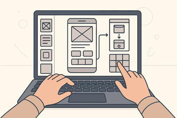 UX UI design and programming. User experience, wireframe, and prototype development for mobile app on a laptop. Web designer working on user interface and flow. Vector concept.