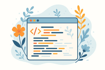 Development code abstract programming language. Web window with decorative floral design elements. Software, html, css, javascript app concept. Flat vector cartoon.