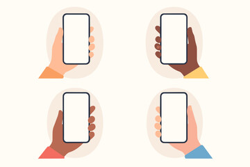 Hand holding phone vector mockup. Set of diverse, multicultural hands showing smartphone with blank screen. Mobile app, UI, UX presentation template. Cell phone display.